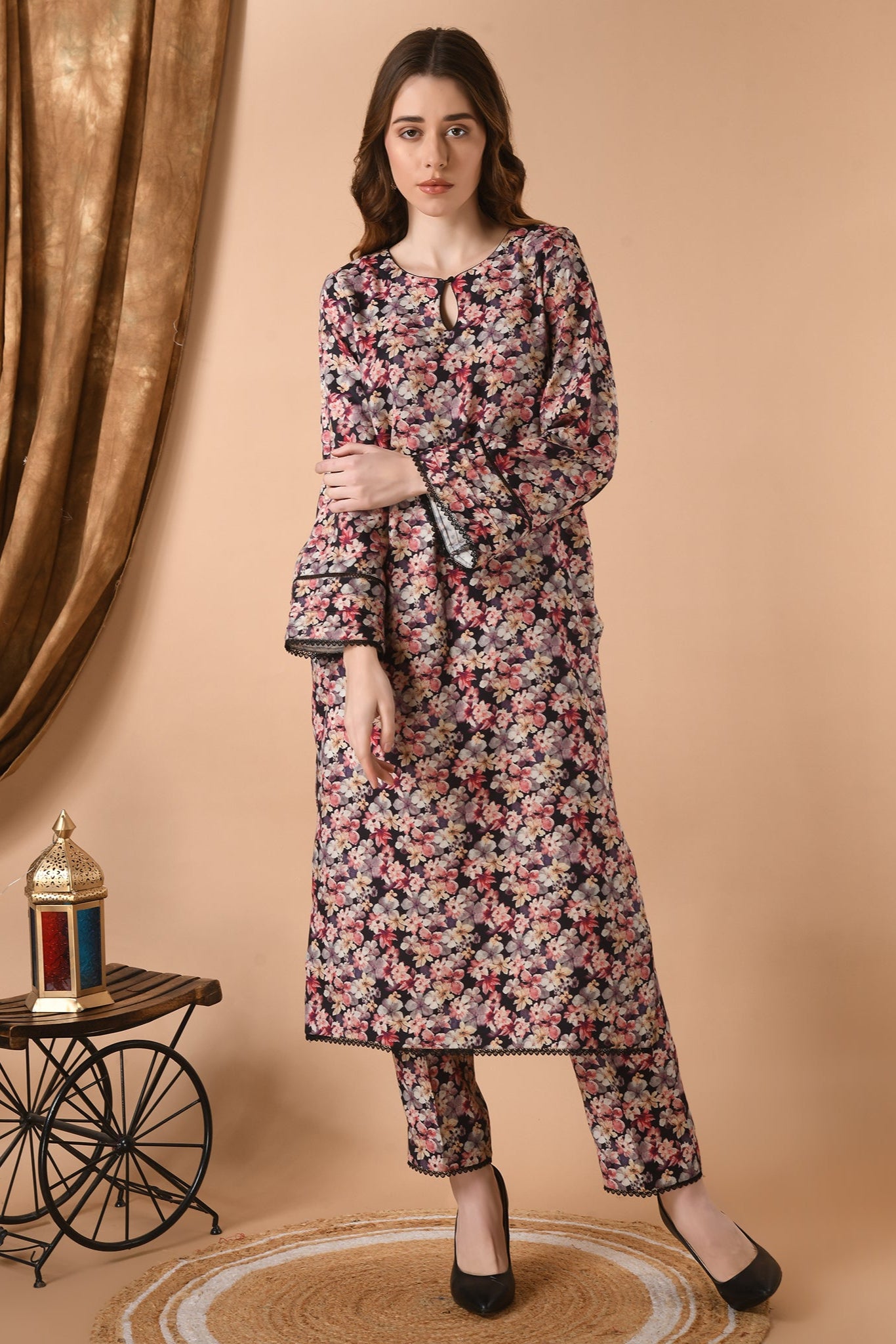 Black Floral Woollen Coord Set
