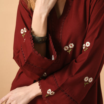 Maroon Embroidered Kurta Set