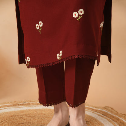 Maroon Embroidered Kurta Set