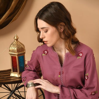 Mauve Embroidered Kurta Set