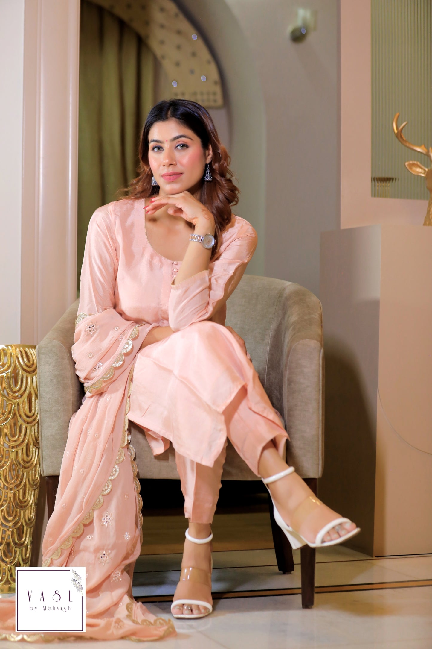 Peach Embroidered Suit Set